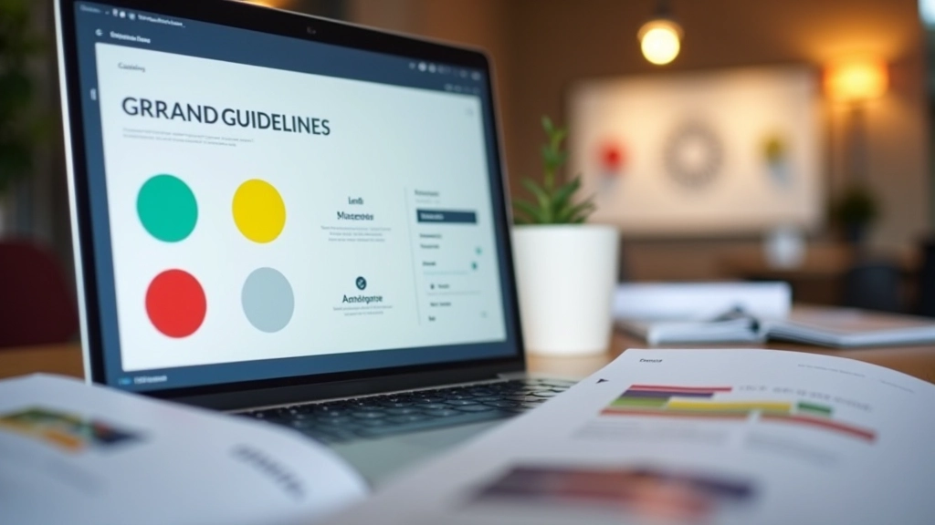 Documento de guia de marca aberto num ecrã, mostrando paleta de cores, especificações de logótipo e exemplos de aplicação