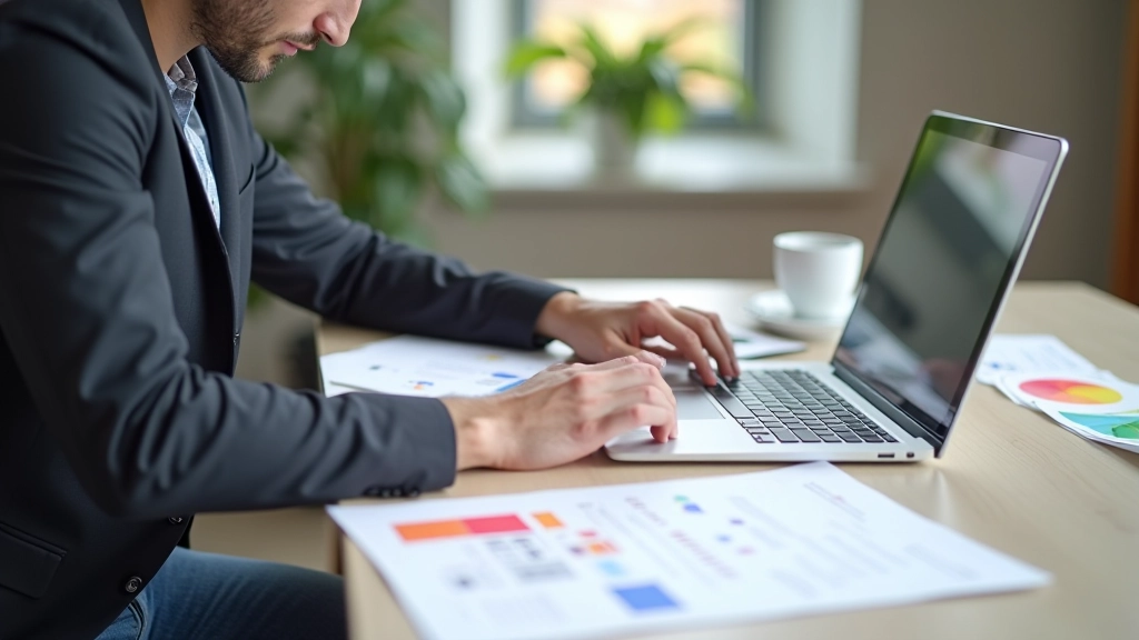 Profissional a trabalhar no design de identidade visual no computador, com exemplos de marca na mesa