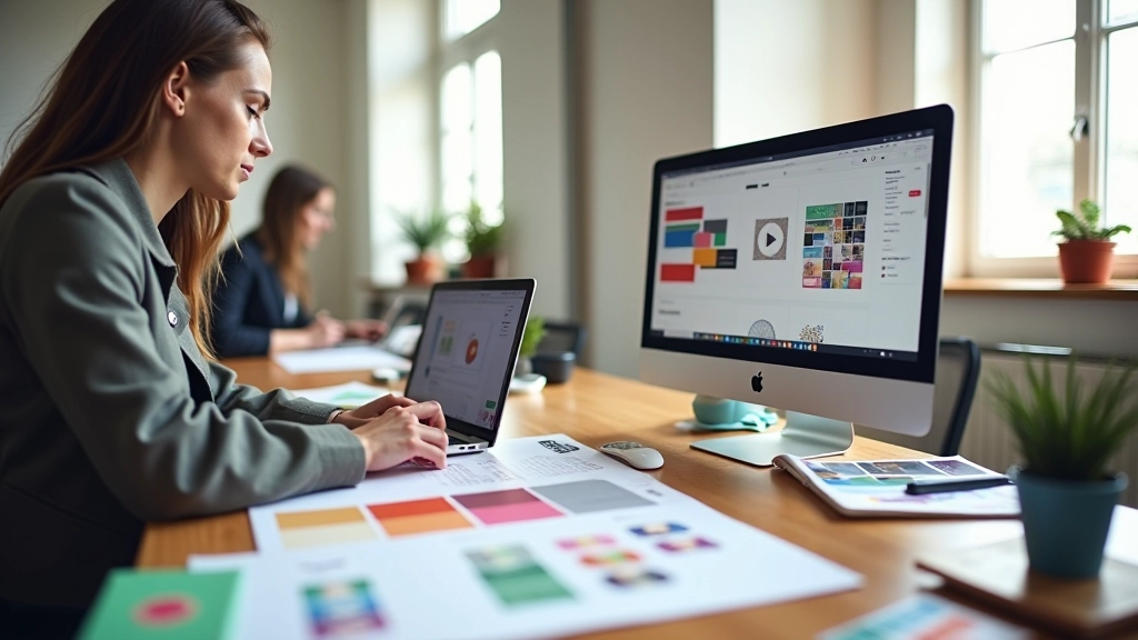 Workspace moderno com designers trabalhando em projetos de identidade visual e branding