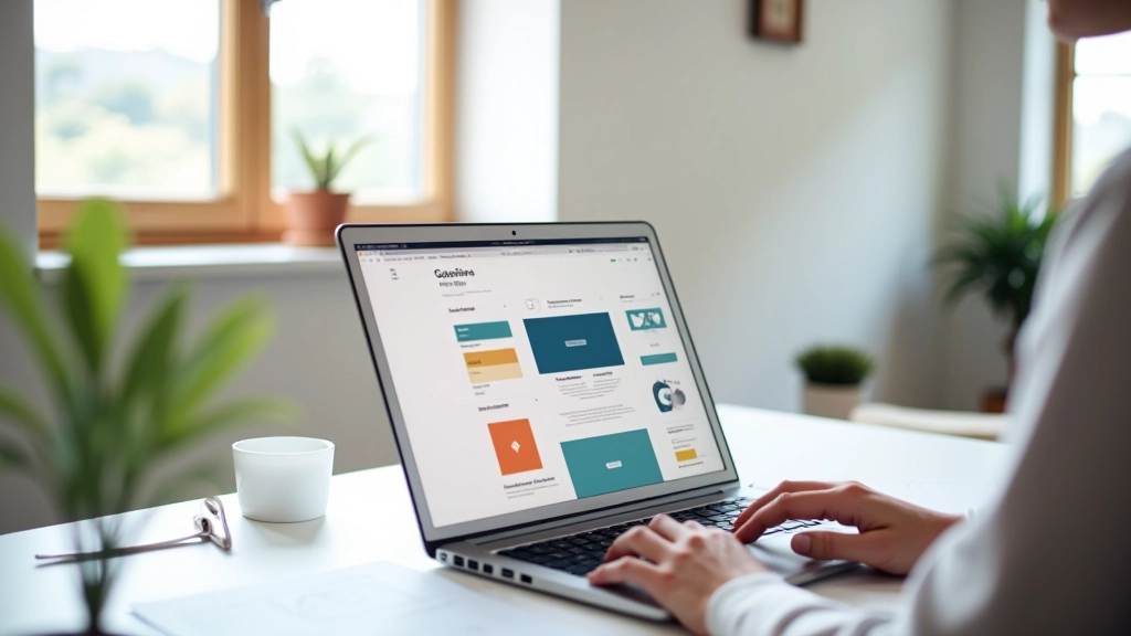 Ambiente moderno de trabalho com elementos de design visual em computador portátil, mostrando esquemas de cores e guidelines de marca
