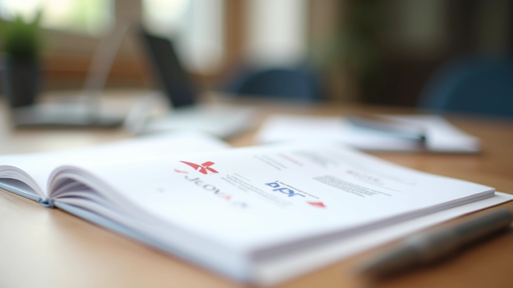 Documento de guia de marca aberto em mesa de trabalho, mostrando exemplos de aplicação de logótipo, cores e tipografia em diferentes contextos